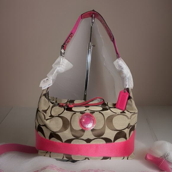 NWT Coach Signature Stripe Hobo 23769E & Wallet F48774 Set SV/Khaki Punch Pink - Picture 5 of 16